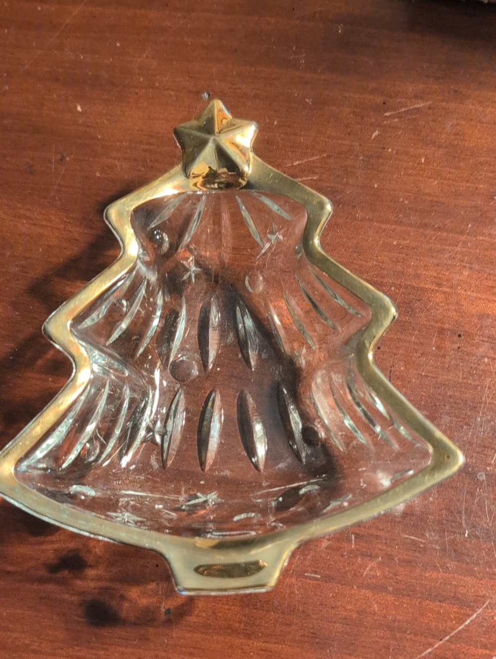 Gold Rim Glass Christmas Tree Dish - Home Holiday
